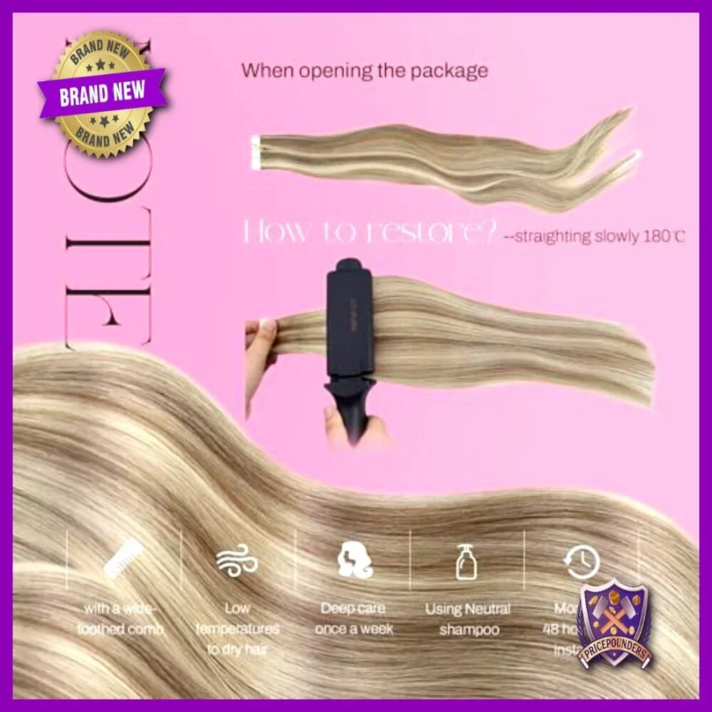 18 Inch Human Hair Tape-In Extensions, Seamless Skin Weft, 20 Pieces